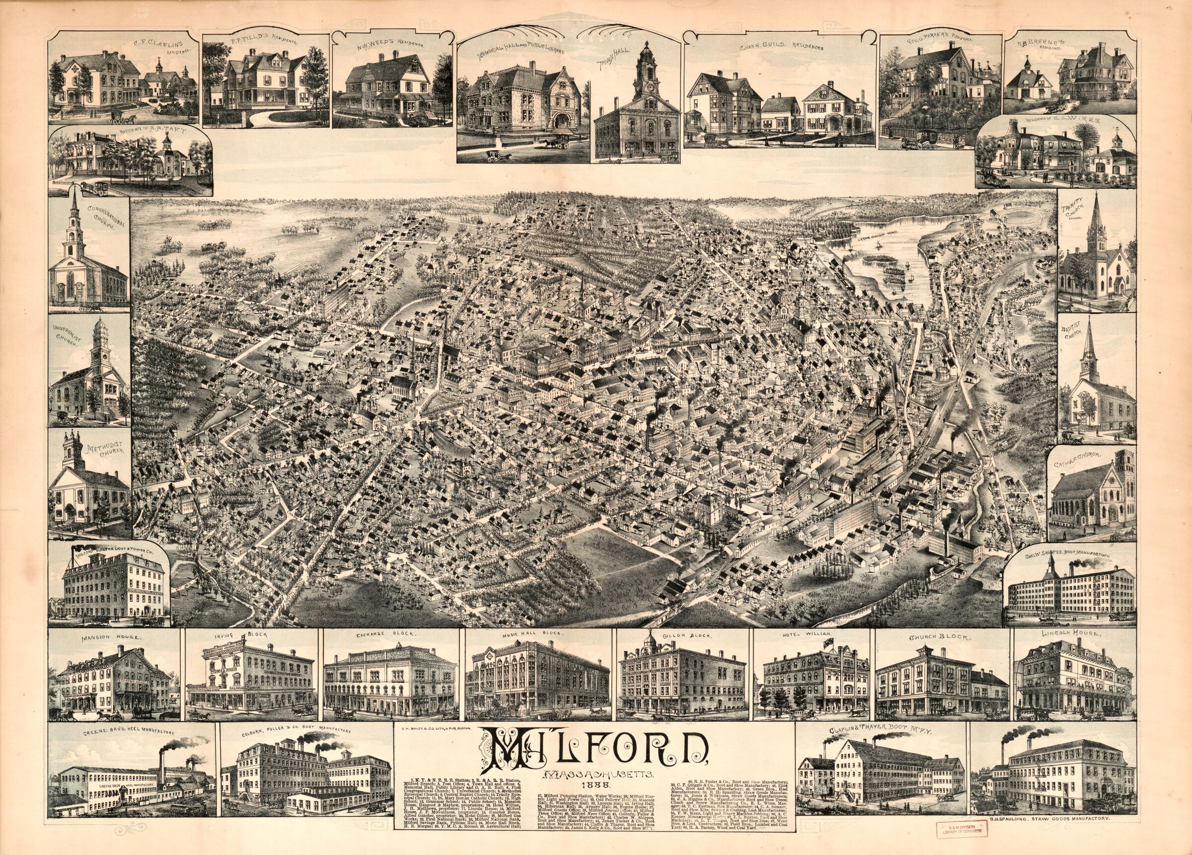 The full 1888 bird's-eye view of Milford, Massachusetts