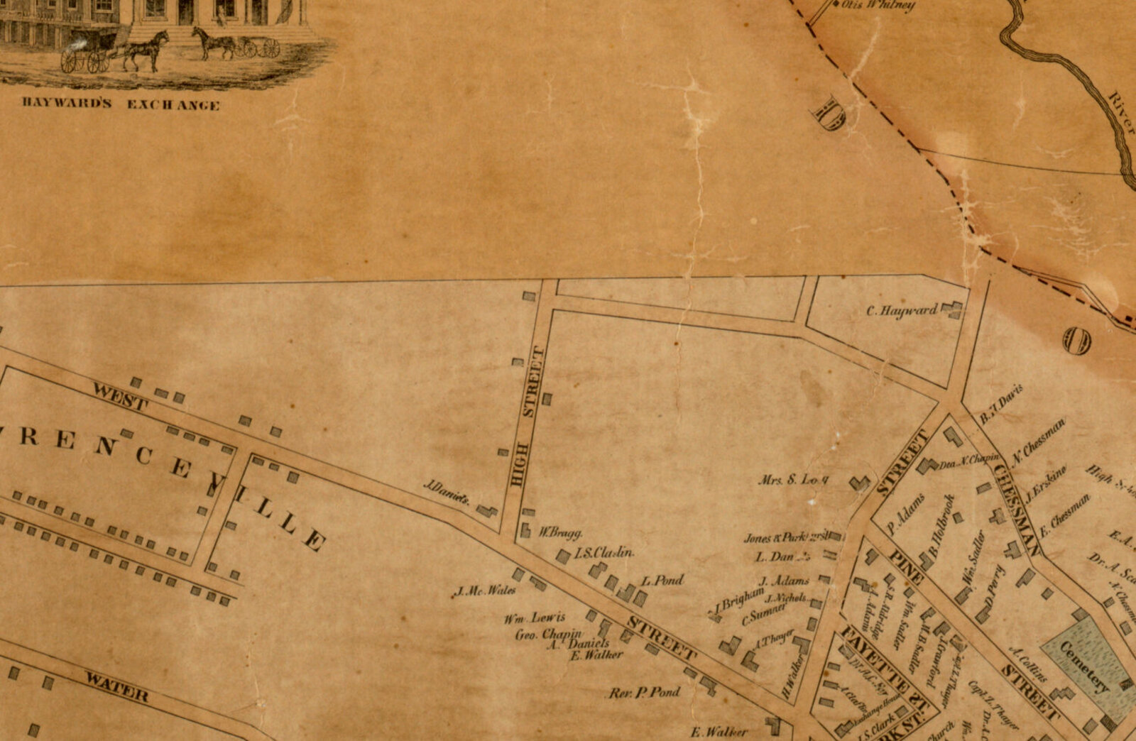 Detail of the 1851 village plan: the west side of Congress Street north of Pine Street