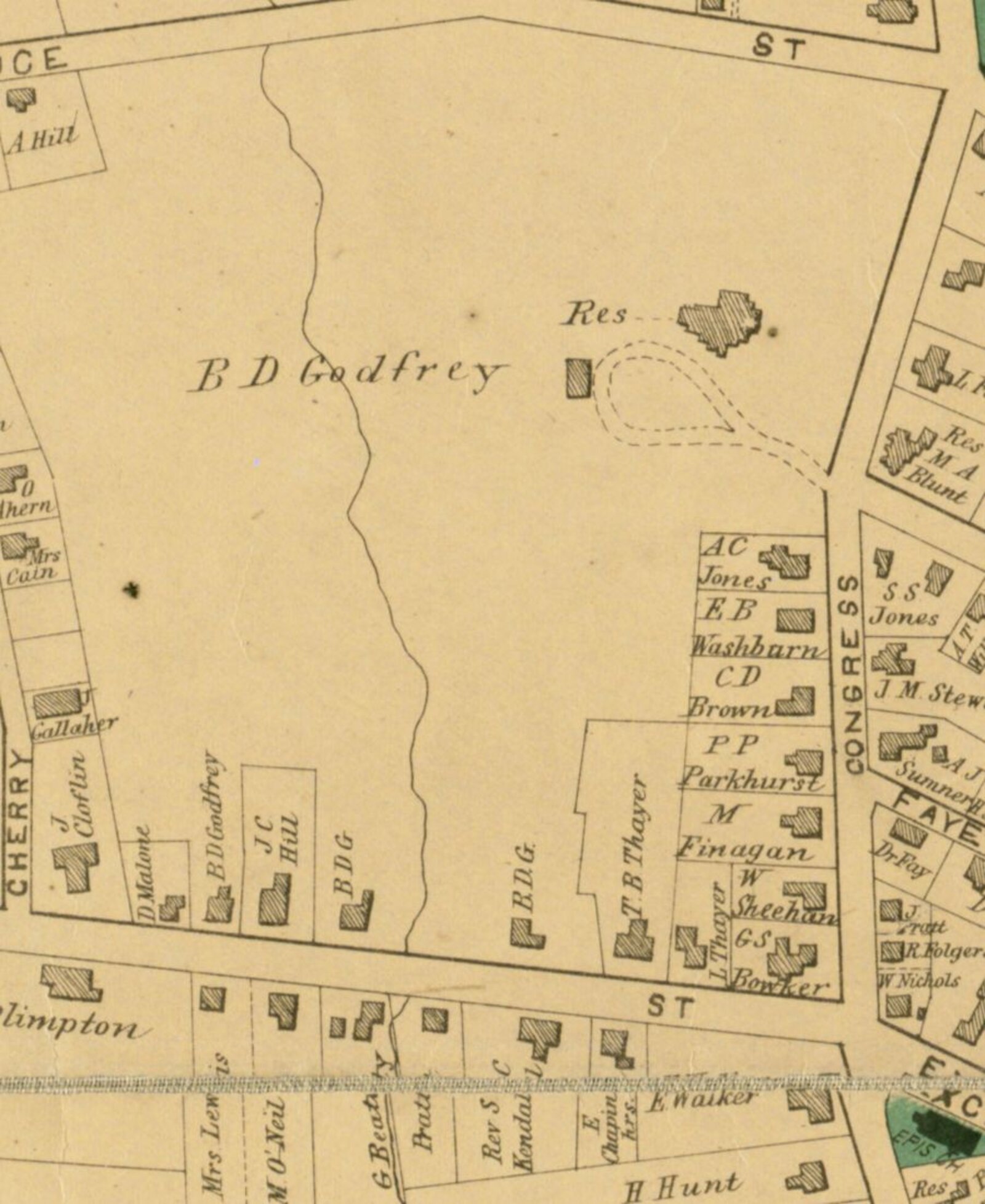 Detail of the 1870 Beers map: the B. D. Godfrey land on the west side of Congress Street south of Pine Street