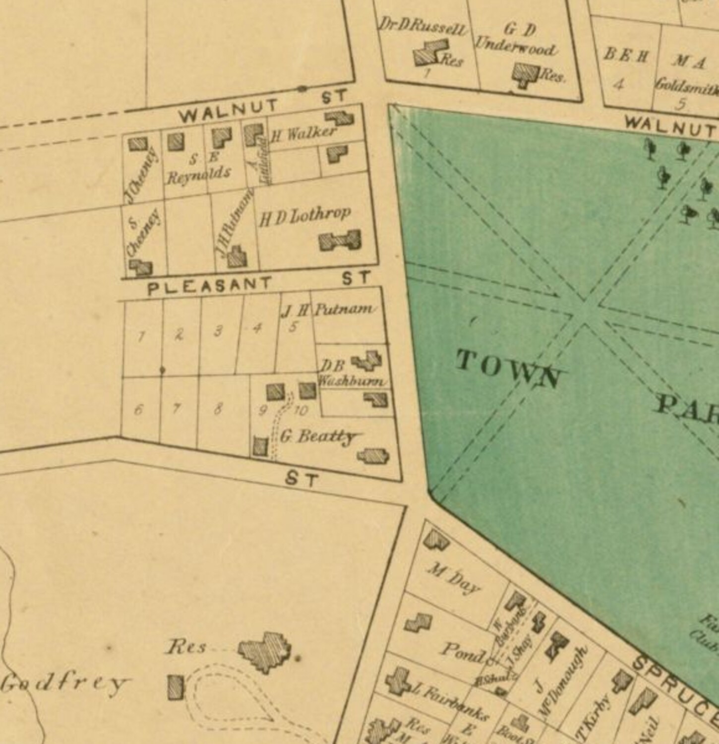 Detail of the 1870 Beers map: the west side of Congress Street with the Walker and Lothrop lots