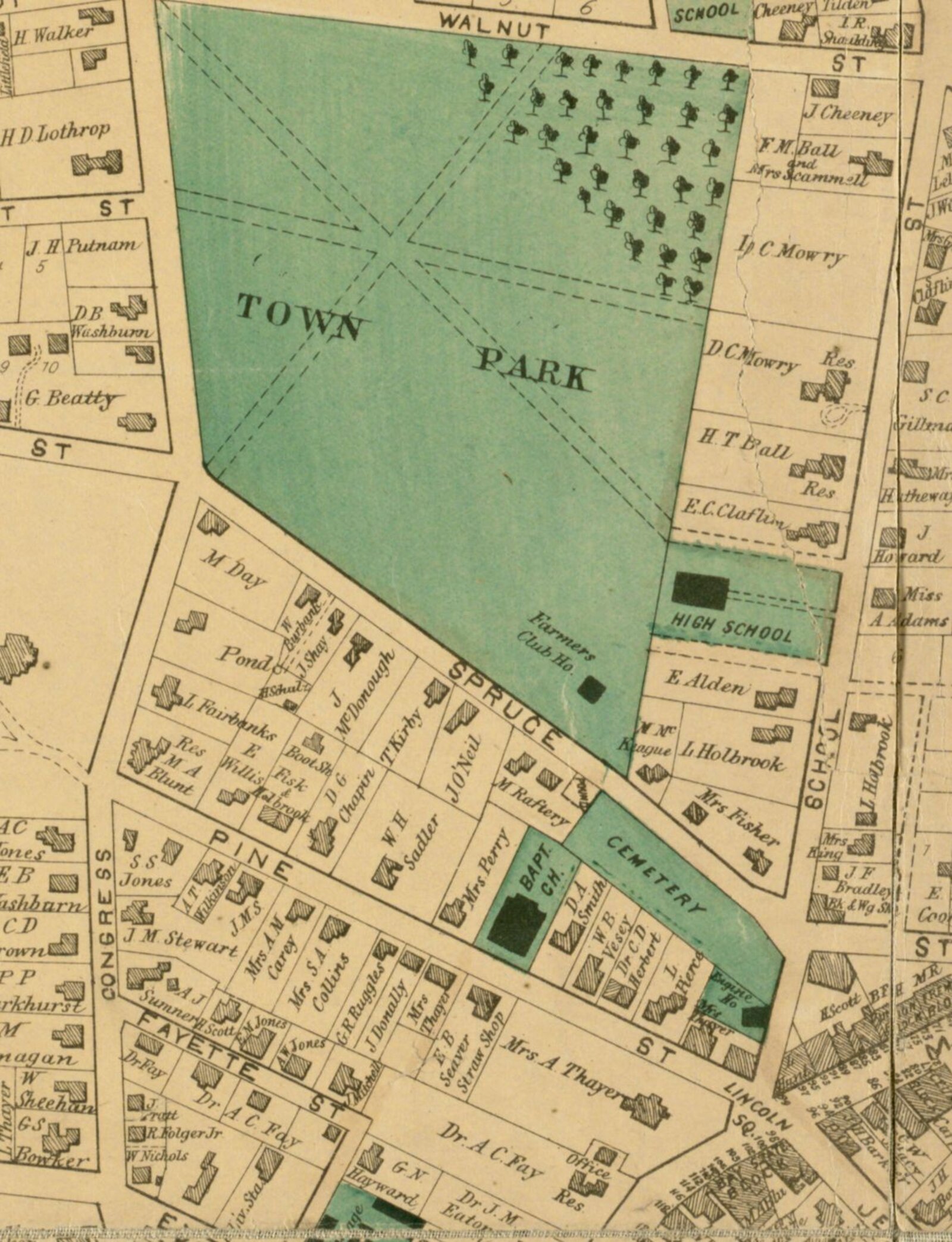 Detail of the 1870 Beers map: the Town Park and the lots along Congress Street