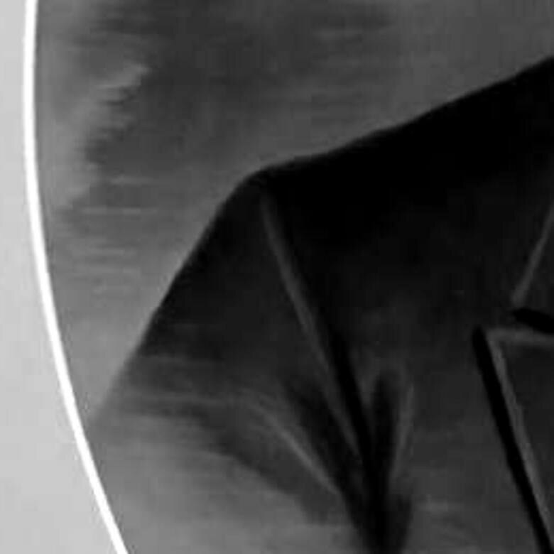 Detail at the left edge of the portrait where the drawn coat runs under the mat