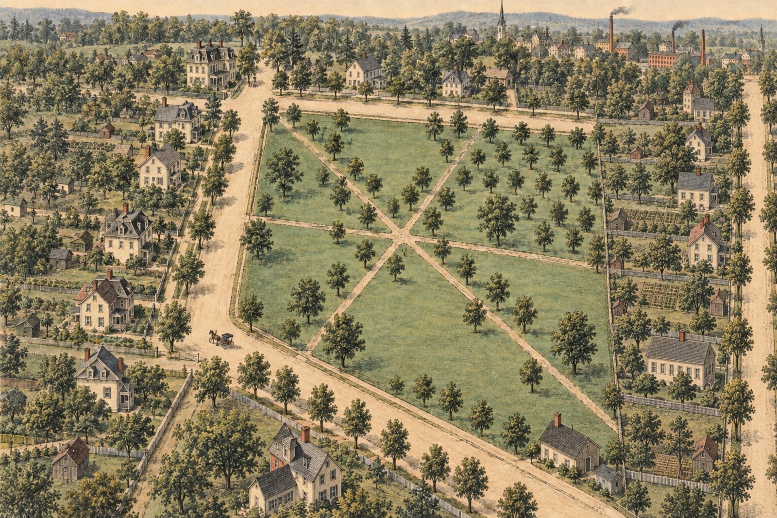 Reconstruction: a bird's-eye view of the Town Park with walks meeting at the centre and a row of houses across Congress Street, about 1885