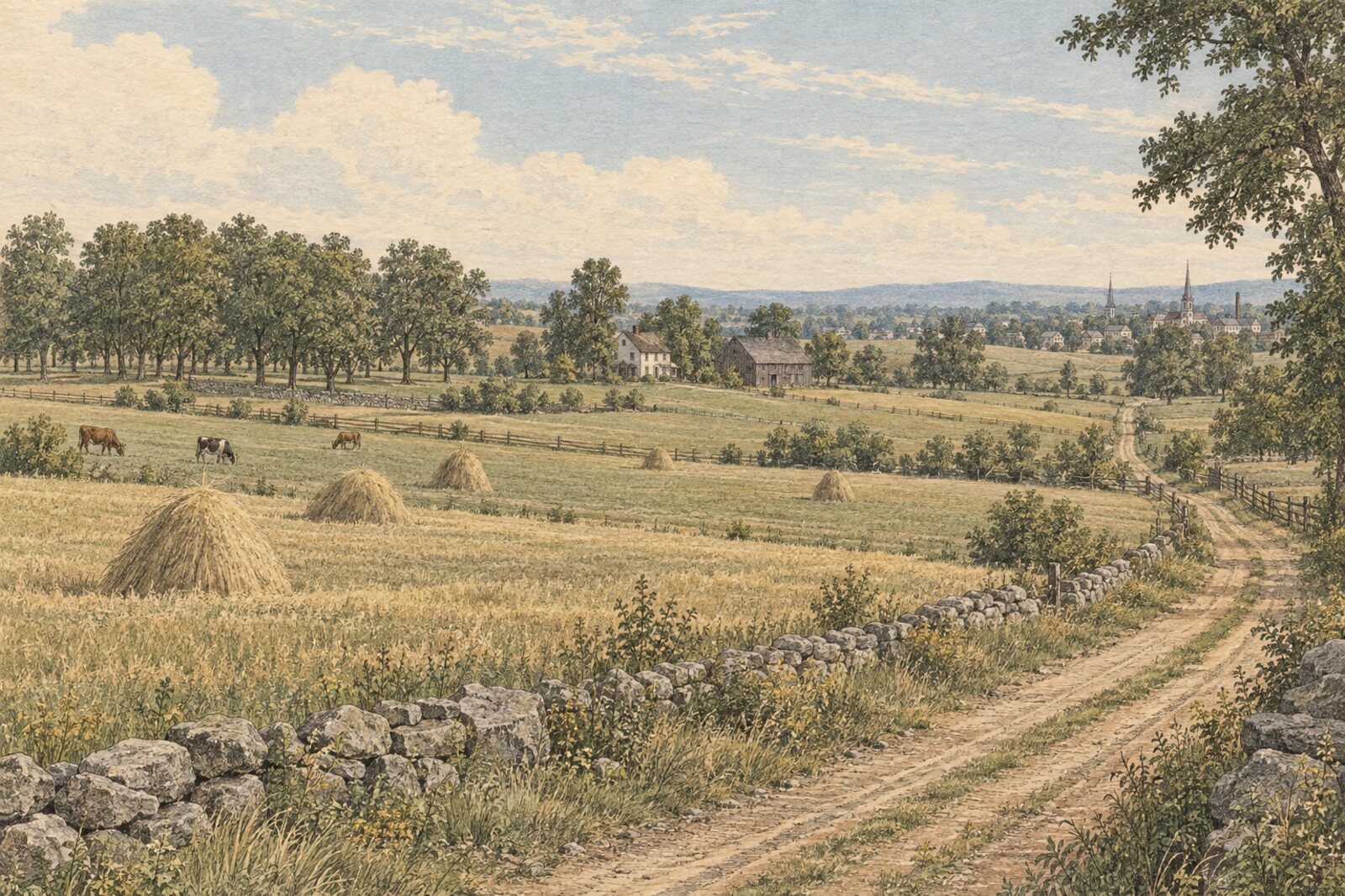 Reconstruction: open hay fields and a stone wall along a dirt road at the edge of Milford village about 1851, the village spires in the distance