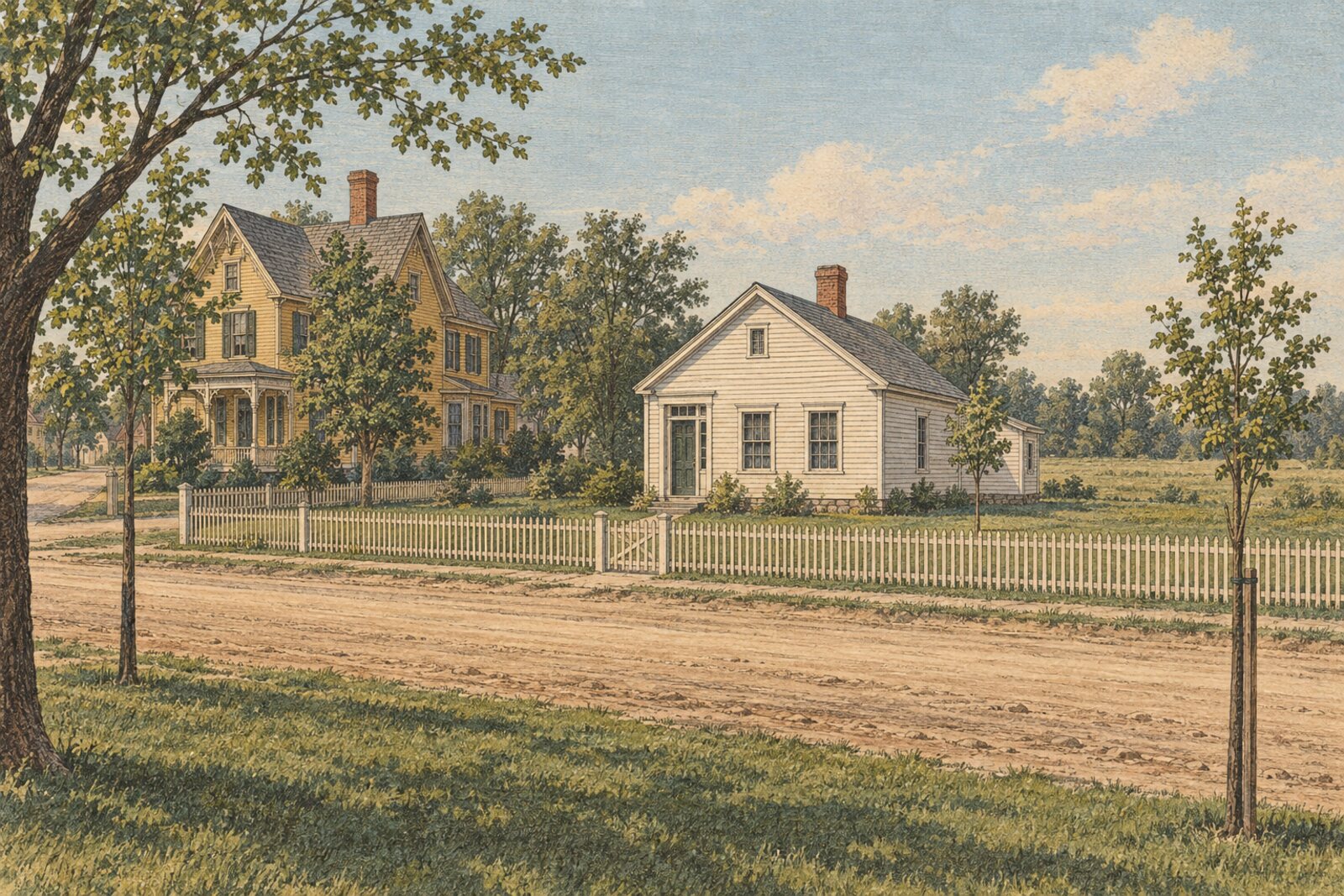 Reconstruction: the house as built in 1871, a storey-and-a-half Greek Revival cottage beside the corner house, facing a dirt road
