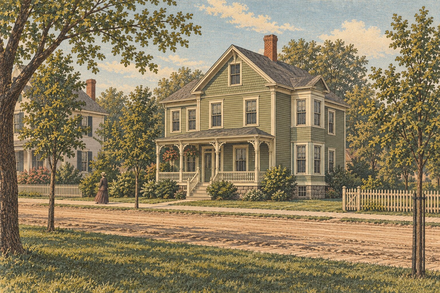 Reconstruction: the same house about 1890 after being raised a storey, a two-and-a-half storey clapboard house with a shingled gable, a spindlework porch and a side bay, facing the park