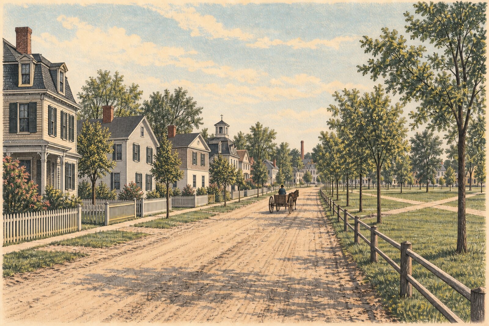 Reconstruction: Congress Street about 1888 at street level, houses on the left, the Town Park's young trees on the right, a horse cart in the dirt road